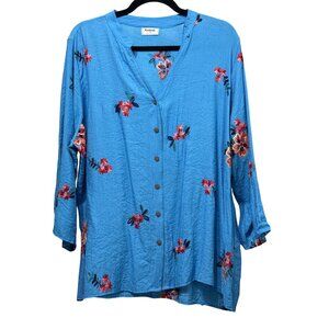 Kindred Embroidered Floral Button-Down Shirt 2X Blue 100% Polyester